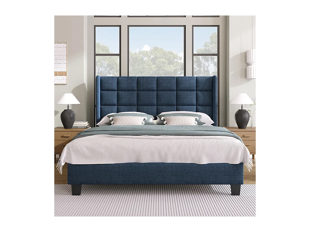 Volwassen bed 140x200 cm bed gestoffeerd bed lattenbodem tweepersoonsbed blauw linnen
