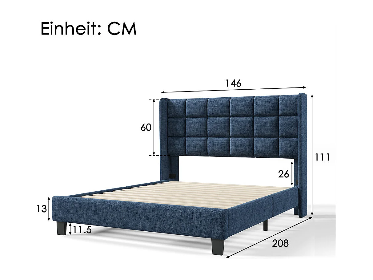Volwassen bed 140x200 cm bed gestoffeerd bed lattenbodem tweepersoonsbed blauw linnen
