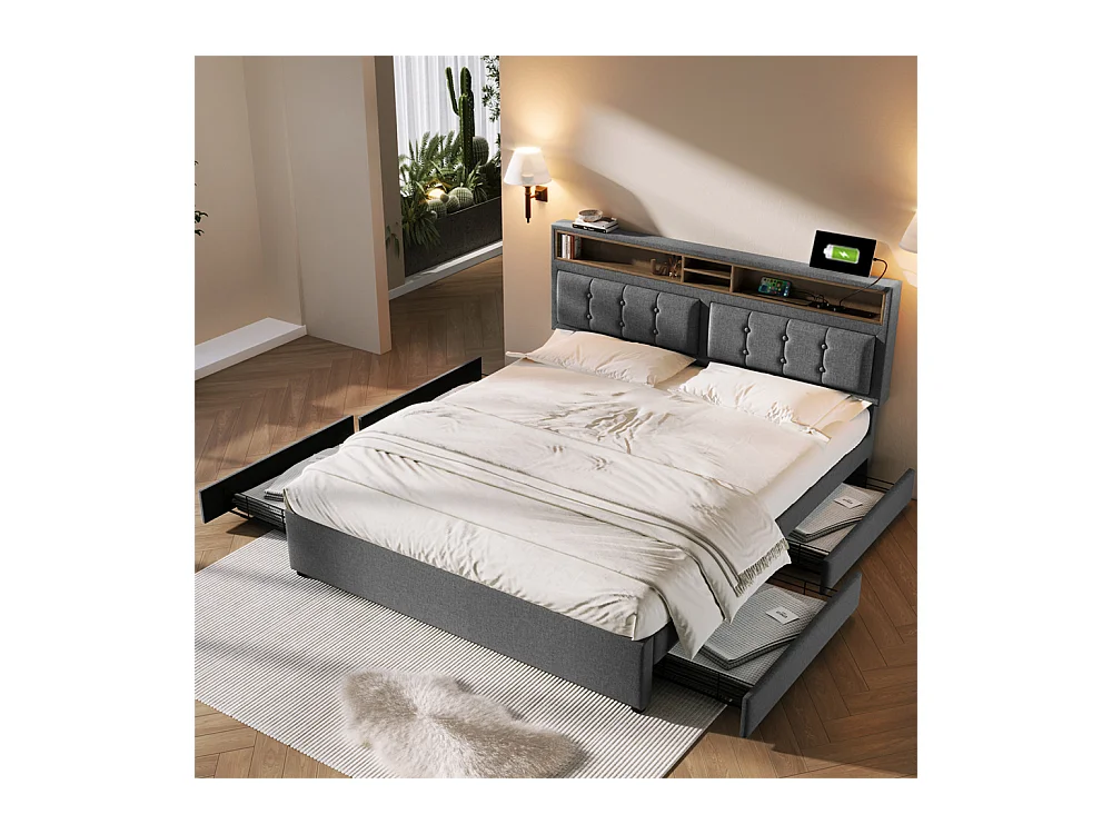 Lit adulte lit 160x200 cm lit rembourré avec quatre tiroirs avec sommier à lattes en bois lit double lin gris