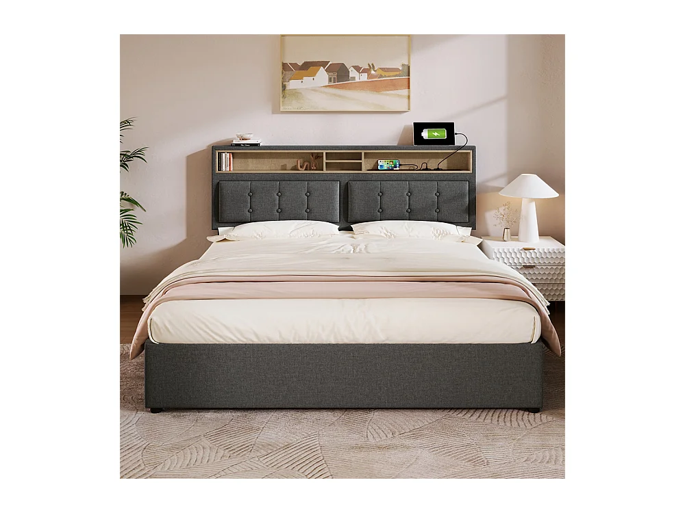 Lit adulte lit 160x200 cm lit rembourré avec quatre tiroirs avec sommier à lattes en bois lit double lin gris