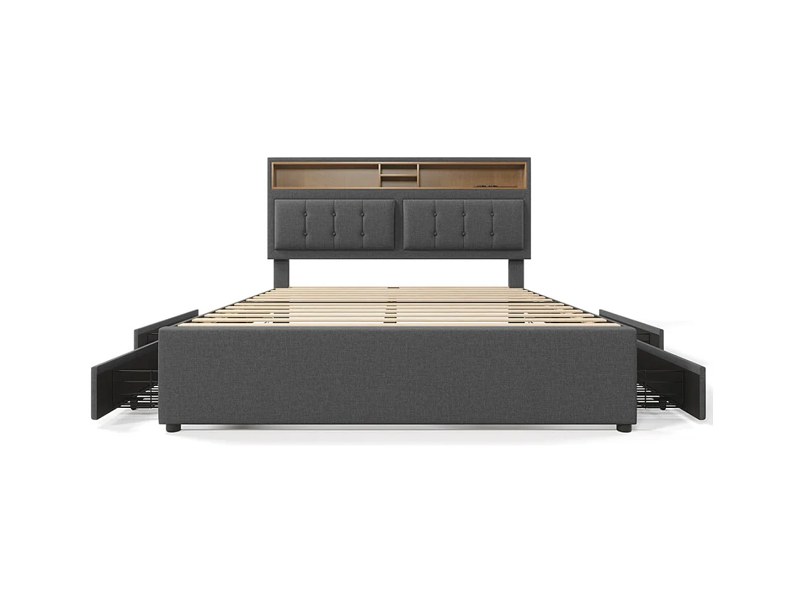 Lit adulte lit 160x200 cm lit rembourré avec quatre tiroirs avec sommier à lattes en bois lit double lin gris