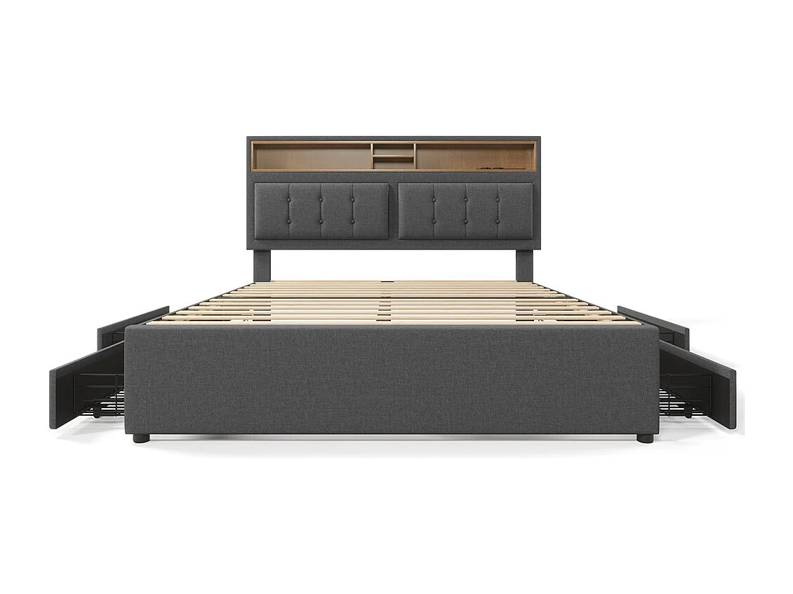 Lit adulte lit 160x200 cm lit rembourré avec quatre tiroirs avec sommier à lattes en bois lit double lin gris