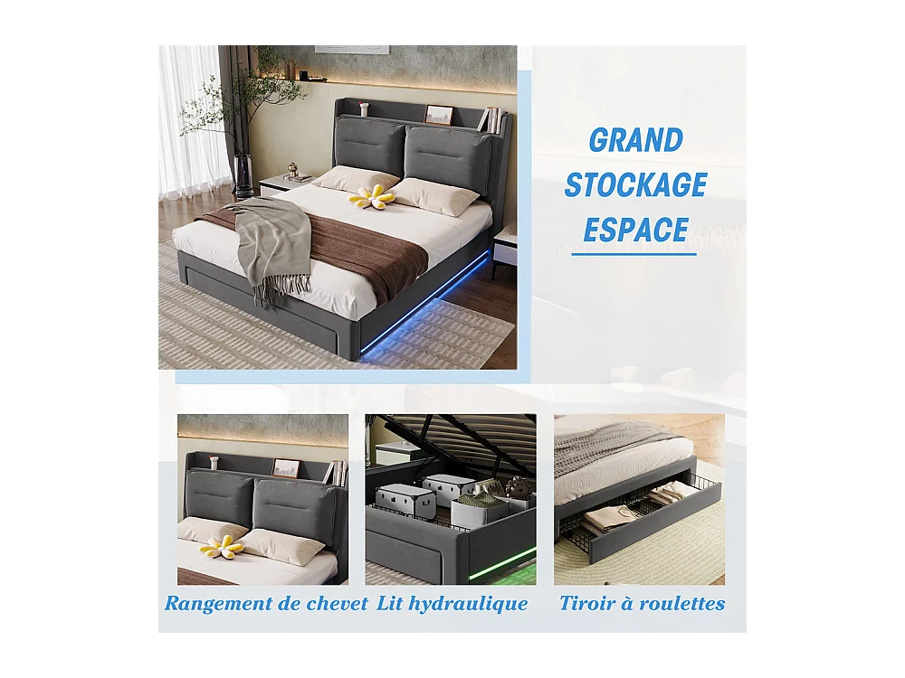 Hydraulisch gestoffeerd bed 140x190cm, opberglades, met lattenbodem, zonder matras, fluweel, grijs