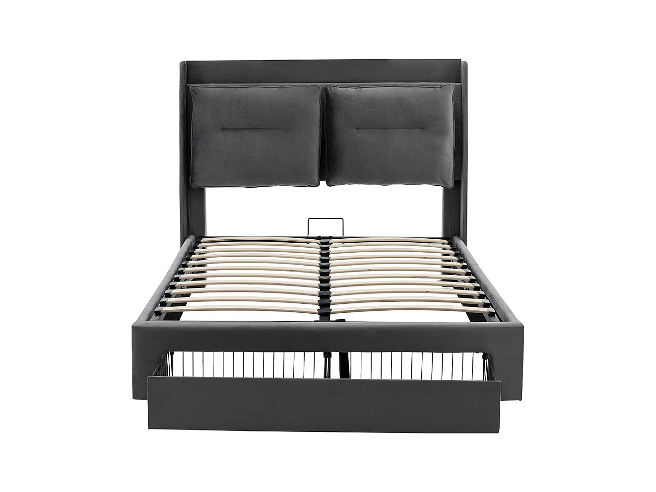 Hydraulisch gestoffeerd bed 140x190cm, opberglades, met lattenbodem, zonder matras, fluweel, grijs