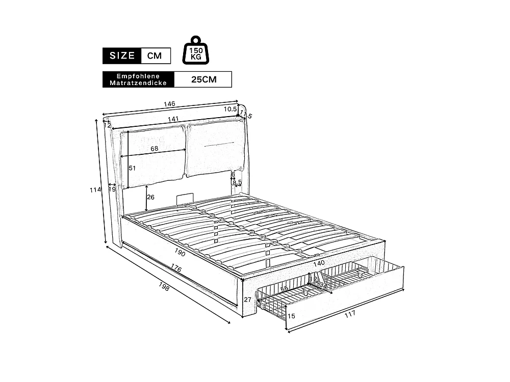 Hydraulisch gestoffeerd bed 140x190cm, opberglades, met lattenbodem, zonder matras, fluweel, grijs