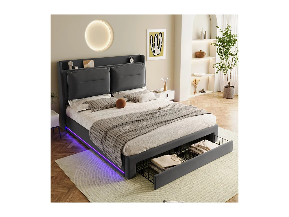Hydraulisch gestoffeerd bed 140x190cm, opberglades, met lattenbodem, zonder matras, fluweel, grijs