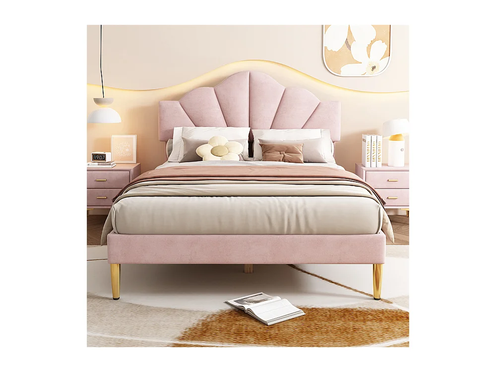 Lit rembourré 140x200 cm lit double avec sommier à lattes - tête de lit réglable - tissu en velours - rose