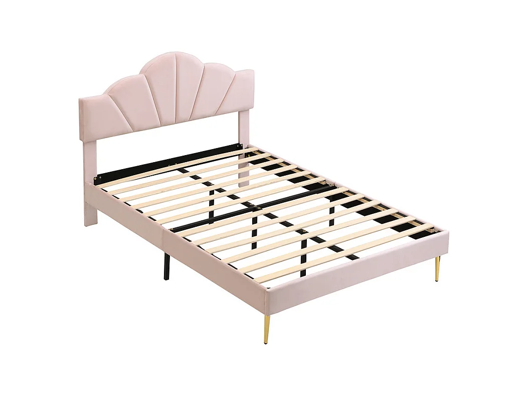 Lit rembourré 140x200 cm lit double avec sommier à lattes - tête de lit réglable - tissu en velours - rose