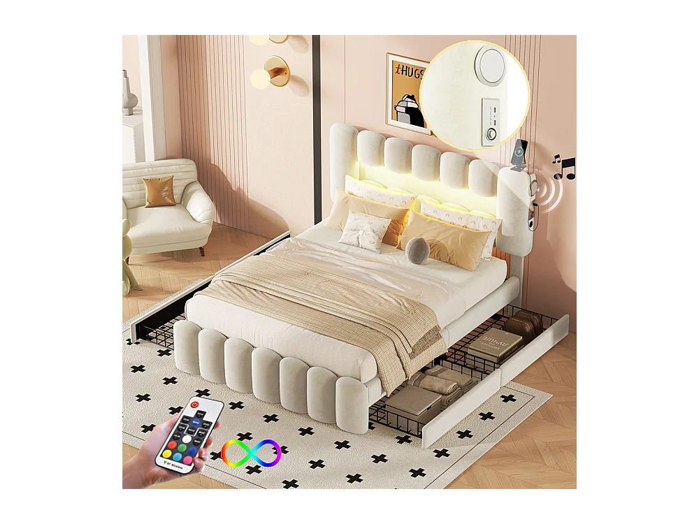 Lit adulte lit 140x200 cm lit rembourré avec barre lumineuse led lit 4 tiroirs avec usb et chaîne stéréo lit double velours beige
