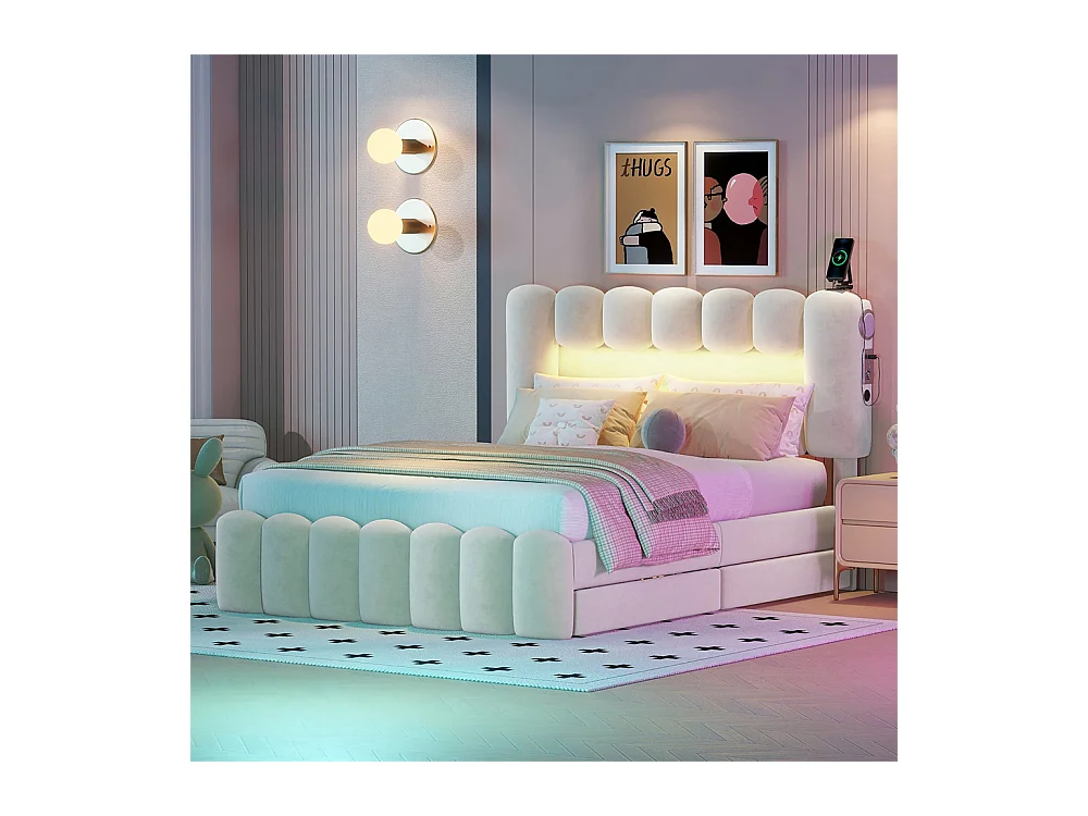Lit adulte lit 140x200 cm lit rembourré avec barre lumineuse led lit 4 tiroirs avec usb et chaîne stéréo lit double velours beige