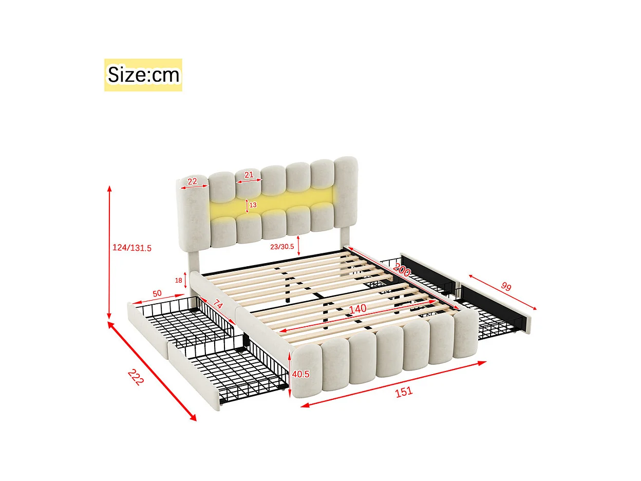 Lit adulte lit 140x200 cm lit rembourré avec barre lumineuse led lit 4 tiroirs avec usb et chaîne stéréo lit double velours beige