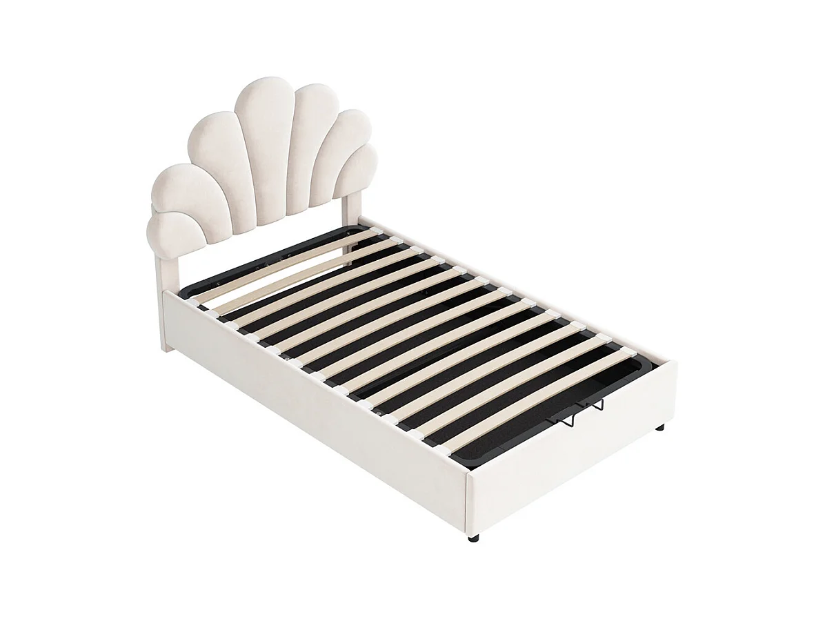 Lit adulte lit coffre lit 90x200 cm lit de rangement lit rembourré hydraulique lit cadre à lamelles Single velours beige