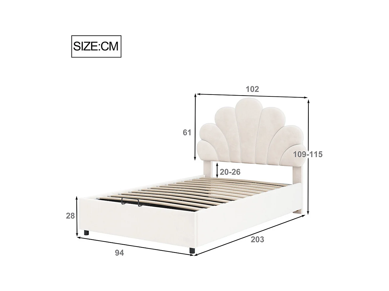 Lit adulte lit coffre lit 90x200 cm lit de rangement lit rembourré hydraulique lit cadre à lamelles Single velours beige