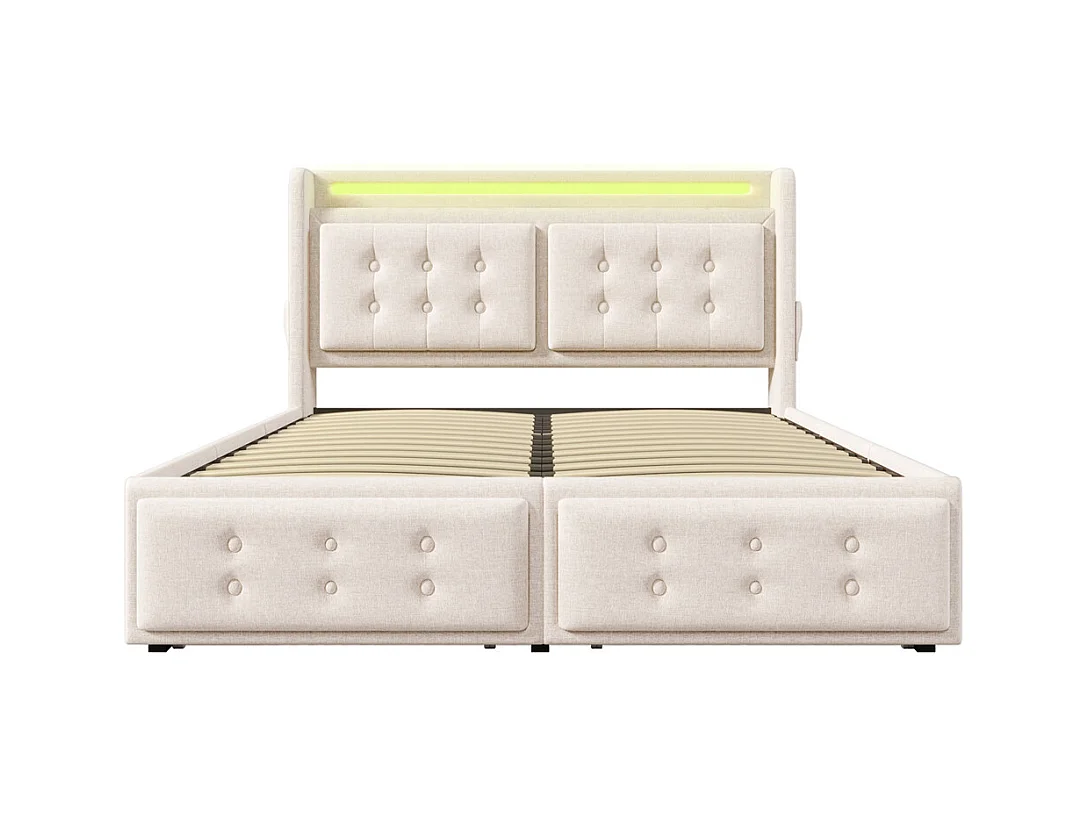 Lit adulte lit 180x200 cm lit rembourré lit 4 tiroirs lit de rangement avec sommier à lattes en bois lit double coton lin beige