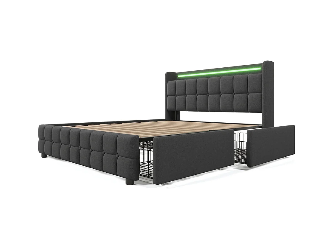 Lit rembourré 160x200 cm lit de rangement lit 4 tiroirs lit éclairage led lit sommier à lattes en bois lit double lin gris