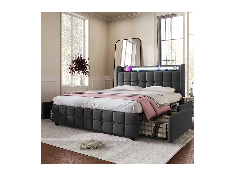 Lit rembourré 160x200 cm lit de rangement lit 4 tiroirs lit éclairage led lit sommier à lattes en bois lit double lin gris