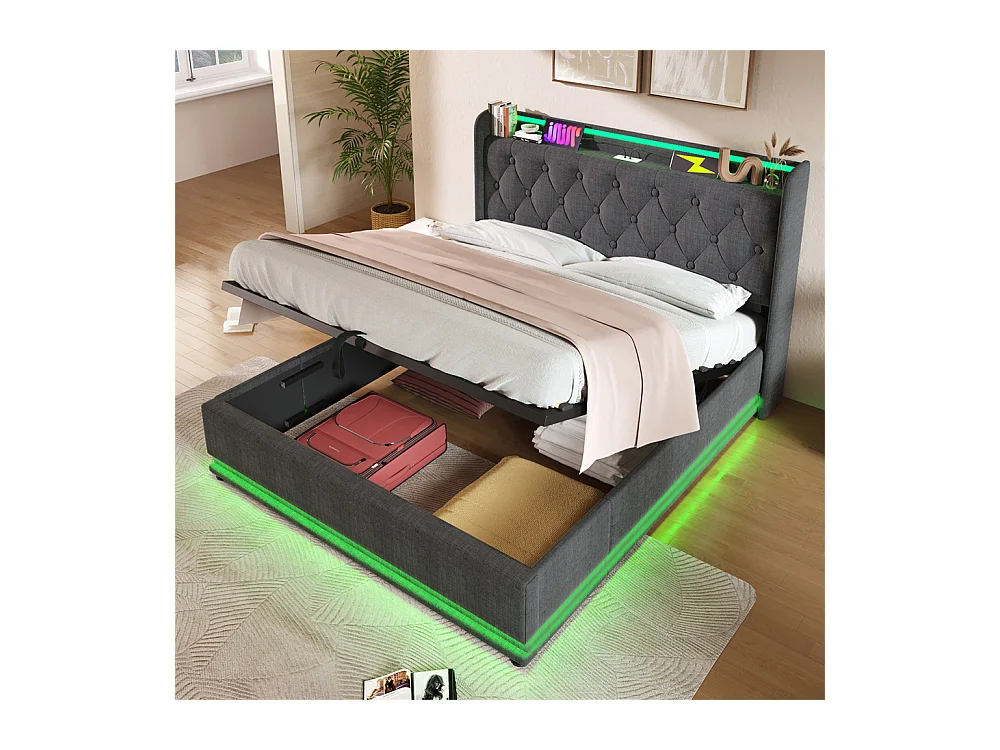 Hydraulisch gestoffeerd bed 160x200 cm met hoofdsteun en USB type-C oplaadfunctie tweepersoonsbed grijs linnen