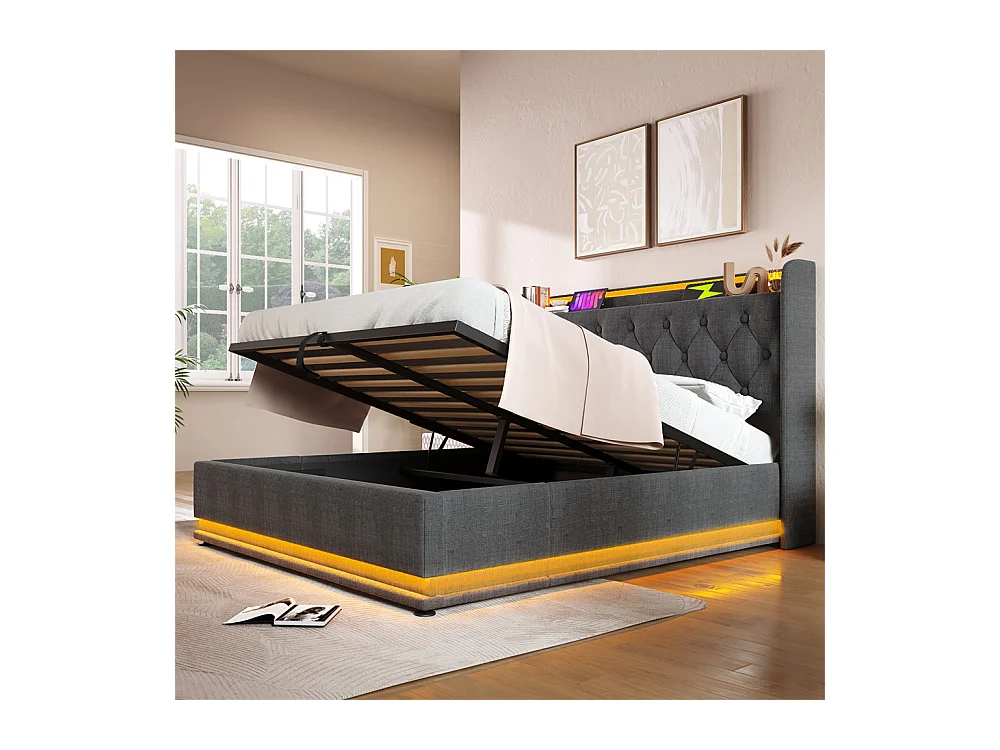 Hydraulisch gestoffeerd bed 160x200 cm met hoofdsteun en USB type-C oplaadfunctie tweepersoonsbed grijs linnen