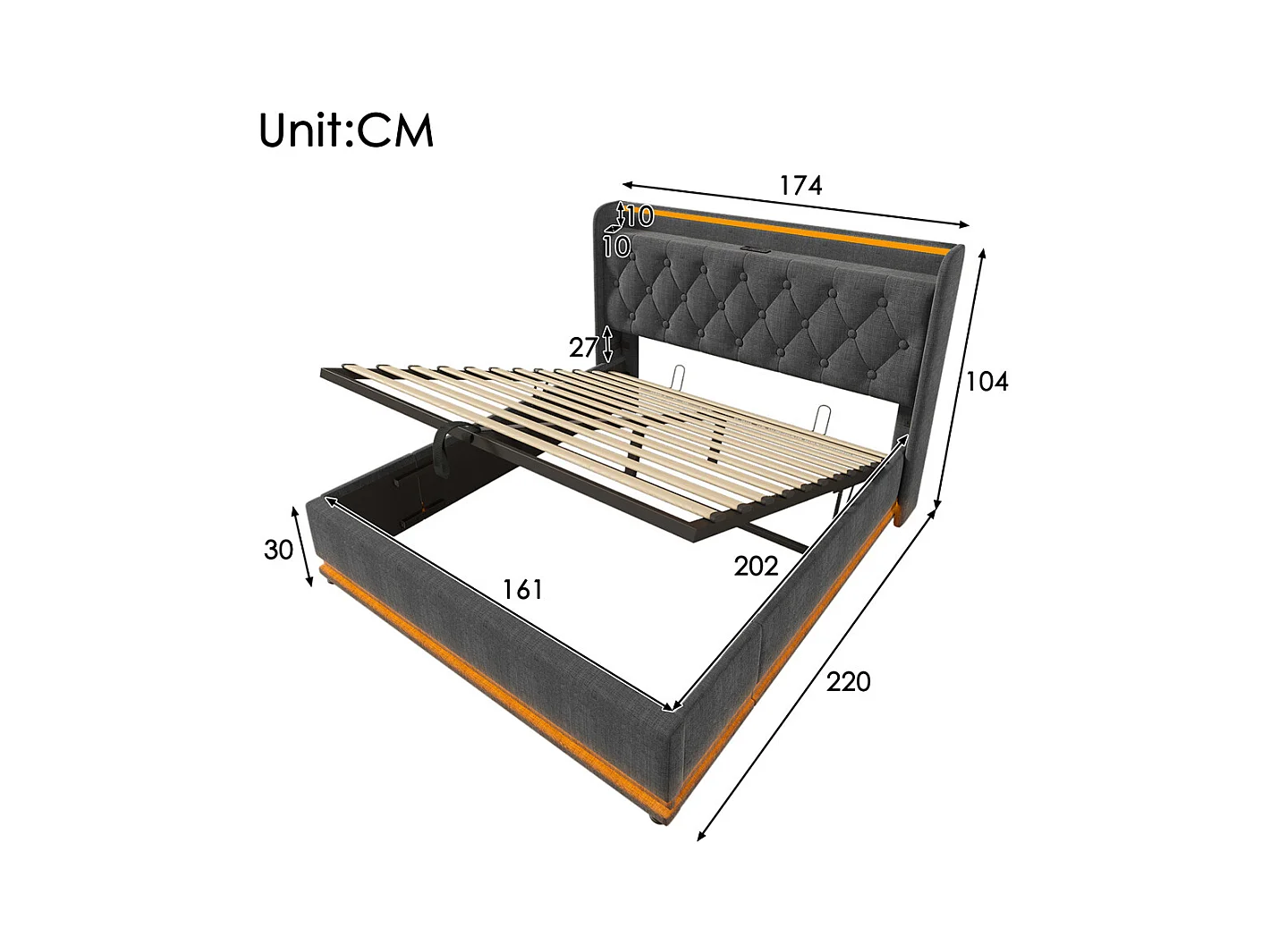 Hydraulisch gestoffeerd bed 160x200 cm met hoofdsteun en USB type-C oplaadfunctie tweepersoonsbed grijs linnen