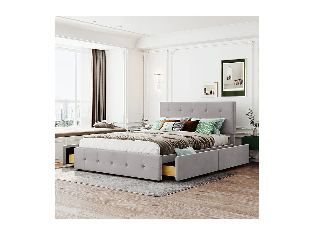 Volwassen bed 140x200 cm gestoffeerd bed met lades en lattenbodem tweepersoonsbed grijs fluweel