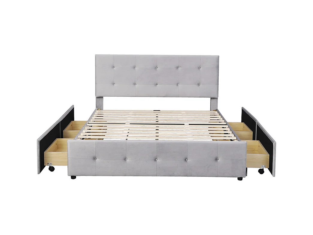 Volwassen bed 140x200 cm gestoffeerd bed met lades en lattenbodem tweepersoonsbed grijs fluweel