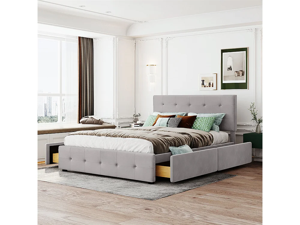 Volwassen bed 140x200 cm gestoffeerd bed met lades en lattenbodem tweepersoonsbed grijs fluweel