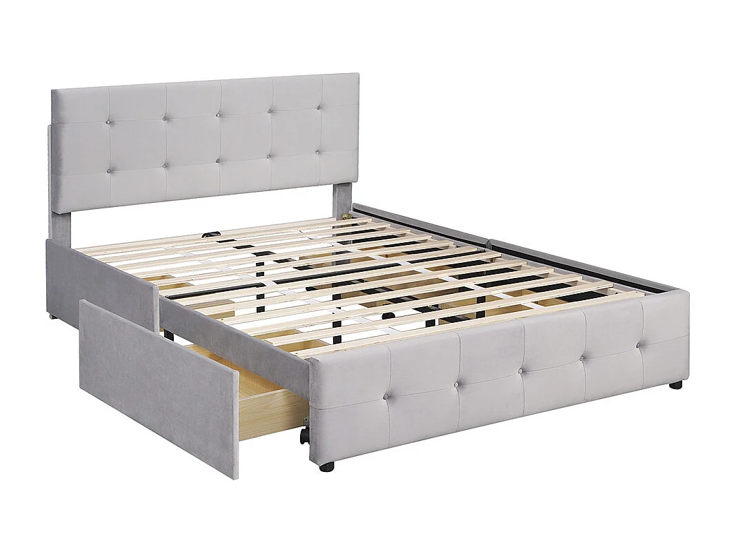 Volwassen bed 140x200 cm gestoffeerd bed met lades en lattenbodem tweepersoonsbed grijs fluweel