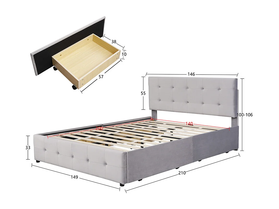 Volwassen bed 140x200 cm gestoffeerd bed met lades en lattenbodem tweepersoonsbed grijs fluweel