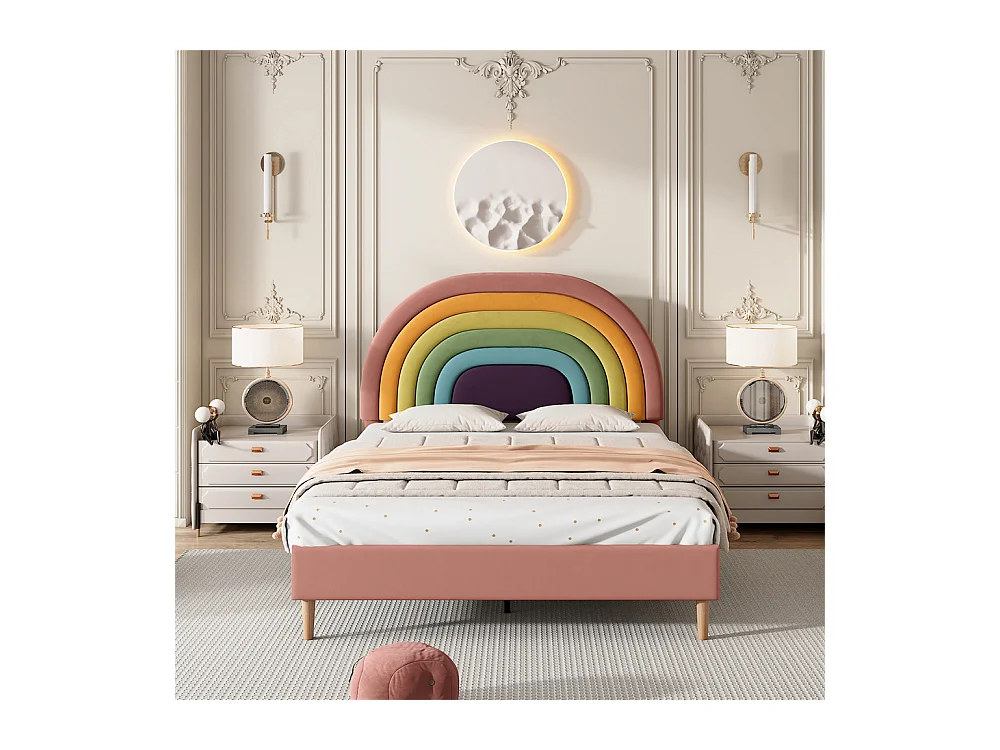 Lit adulte lit 140x200 cm lit rembourré avec sommier à lattes lit double velours rose