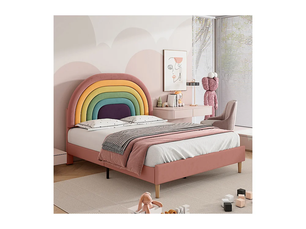 Lit adulte lit 140x200 cm lit rembourré avec sommier à lattes lit double velours rose