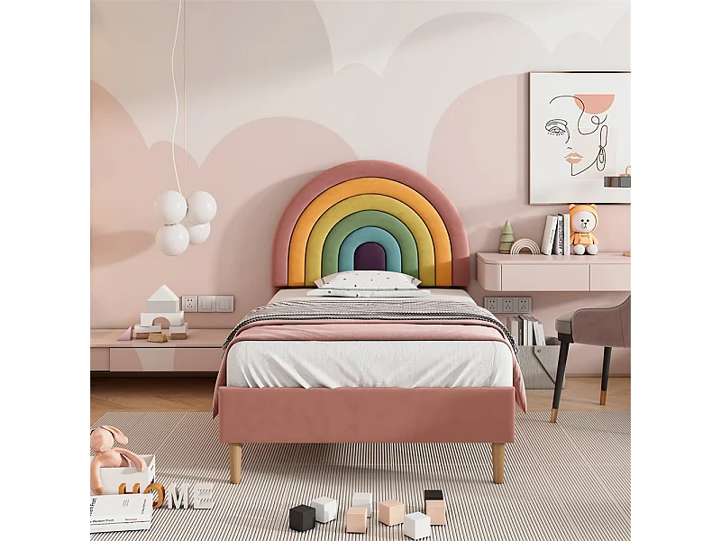 Volwassen bed 90x200 cm gestoffeerd bed met lattenbodem Eenpersoons roze fluweel