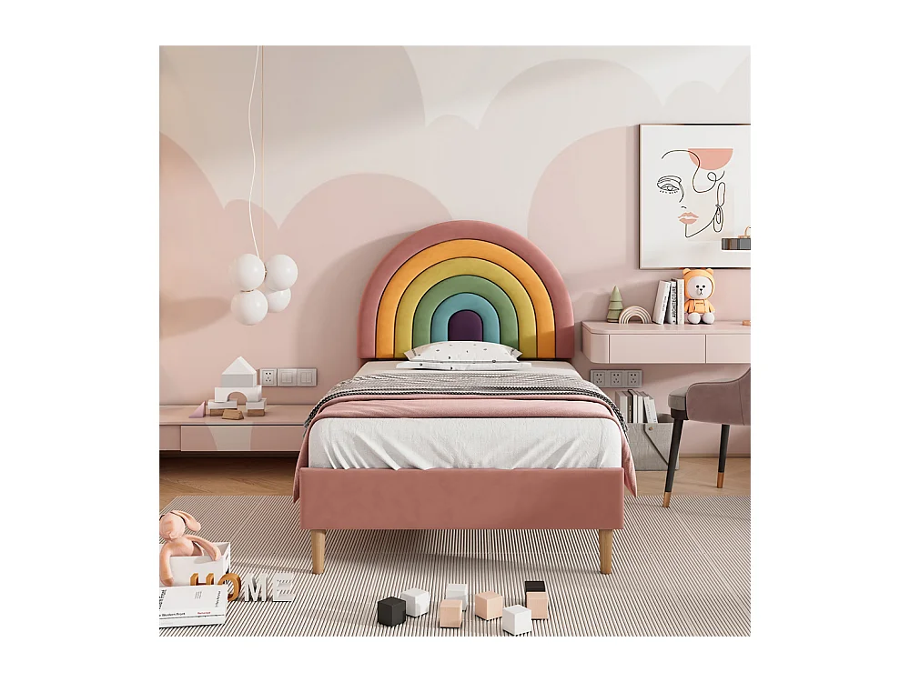 Volwassen bed 90x200 cm gestoffeerd bed met lattenbodem Eenpersoons roze fluweel