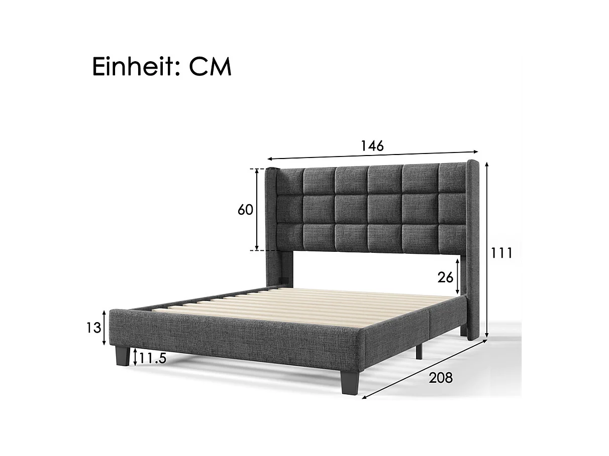 Lit adulte lit 140x200 cm lit rembourré lit sommier à lattes lit double lin gris