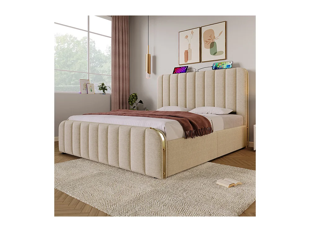 Lit rembourré hydraulique 140x200cm, tête de lit avec fonction de recharge USB Type-C, lit avec rangement, lin, beige,sans matelas