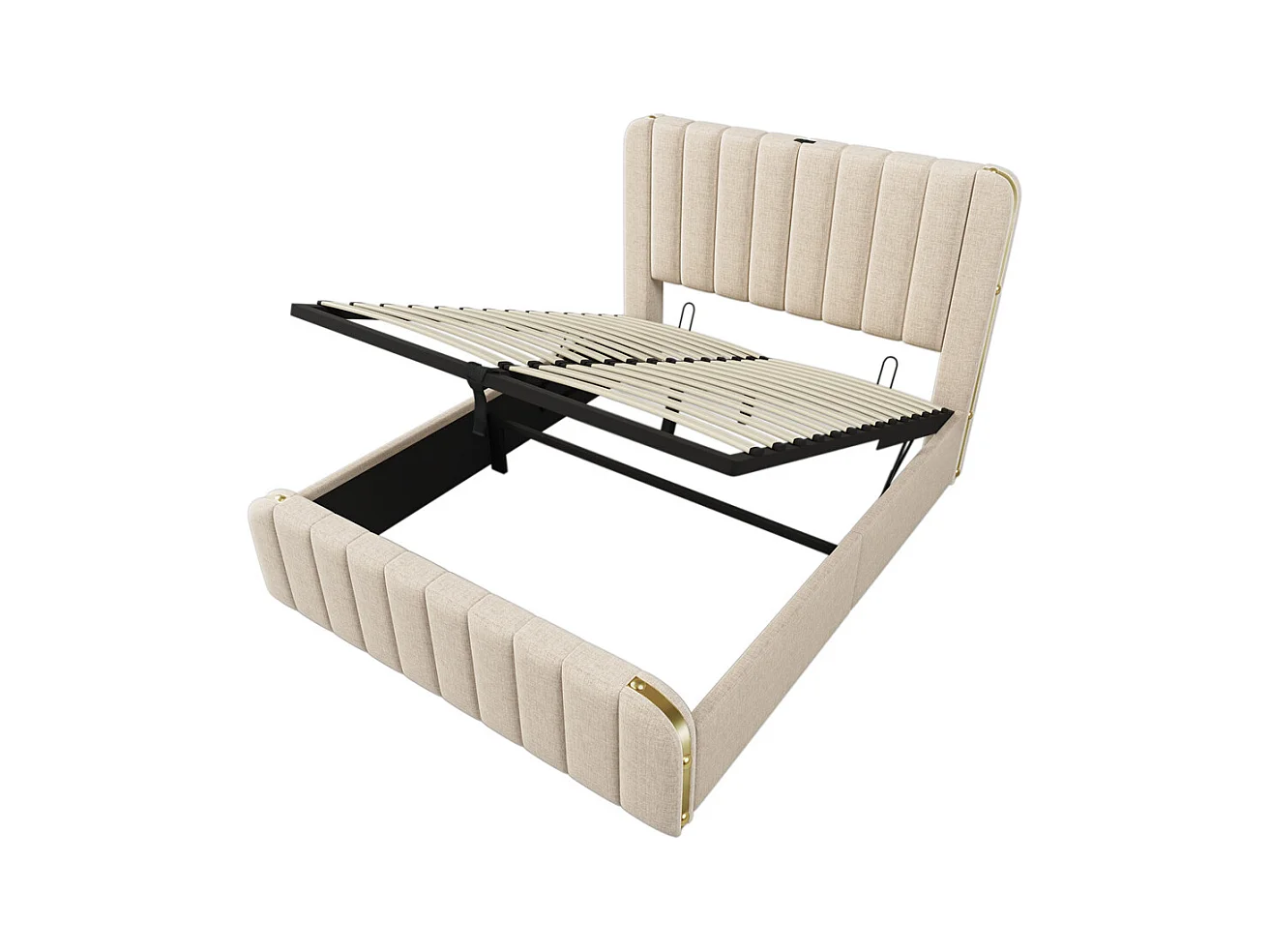 Lit rembourré hydraulique 140x200cm, tête de lit avec fonction de recharge USB Type-C, lit avec rangement, lin, beige,sans matelas