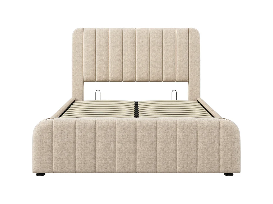 Lit rembourré hydraulique 140x200cm, tête de lit avec fonction de recharge USB Type-C, lit avec rangement, lin, beige,sans matelas