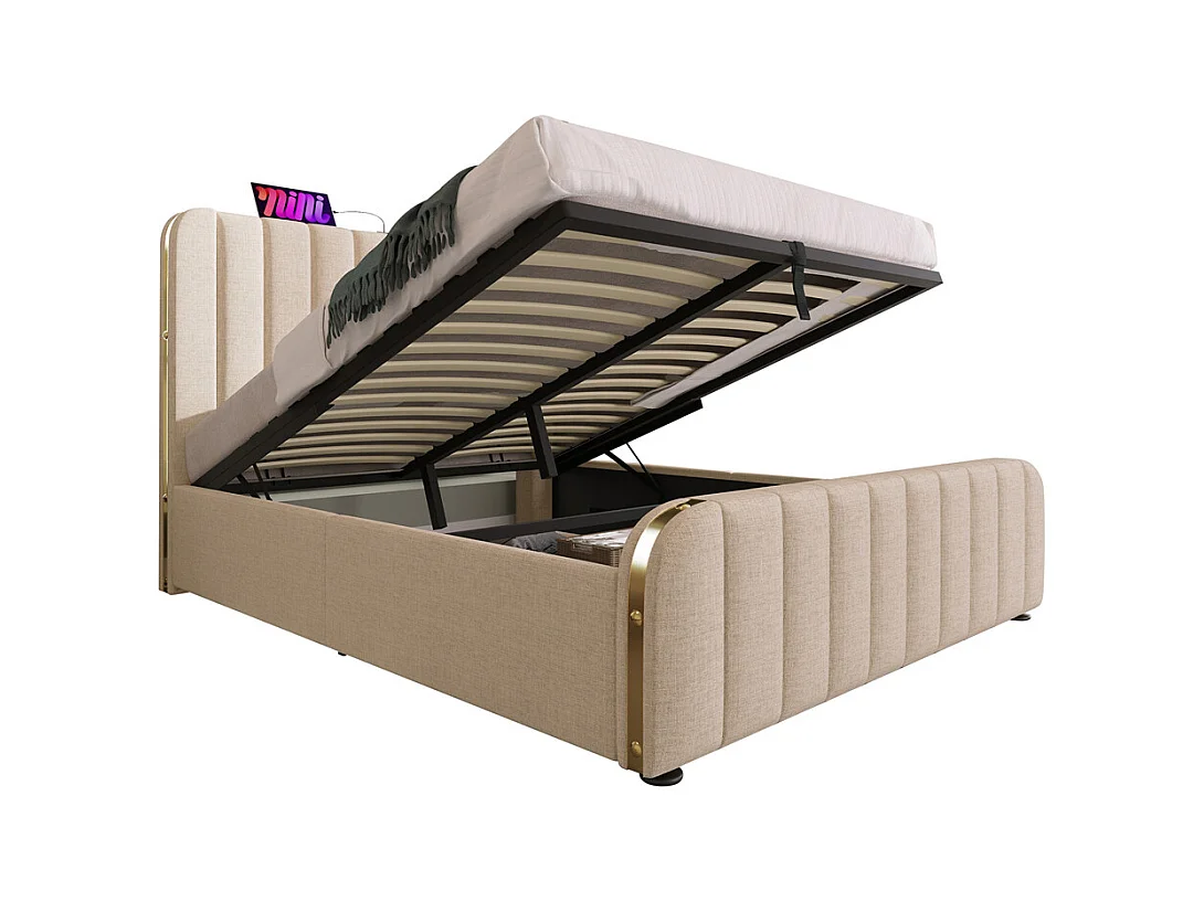 Lit rembourré hydraulique 140x200cm, tête de lit avec fonction de recharge USB Type-C, lit avec rangement, lin, beige,sans matelas