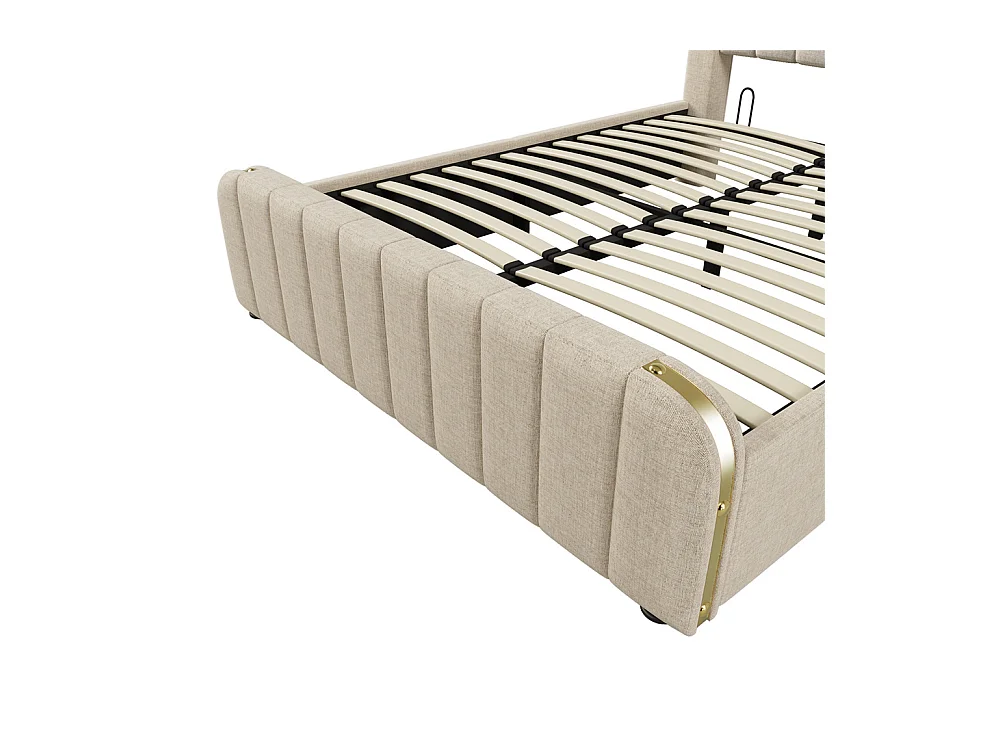 Lit rembourré hydraulique 140x200cm, tête de lit avec fonction de recharge USB Type-C, lit avec rangement, lin, beige,sans matelas