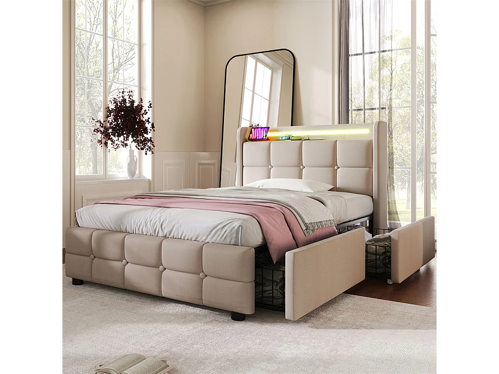 Gestoffeerd bed 90x200cm opbergbed 2 lades led verlichting bed houten lattenbodem eenpersoonsbed beige linnen