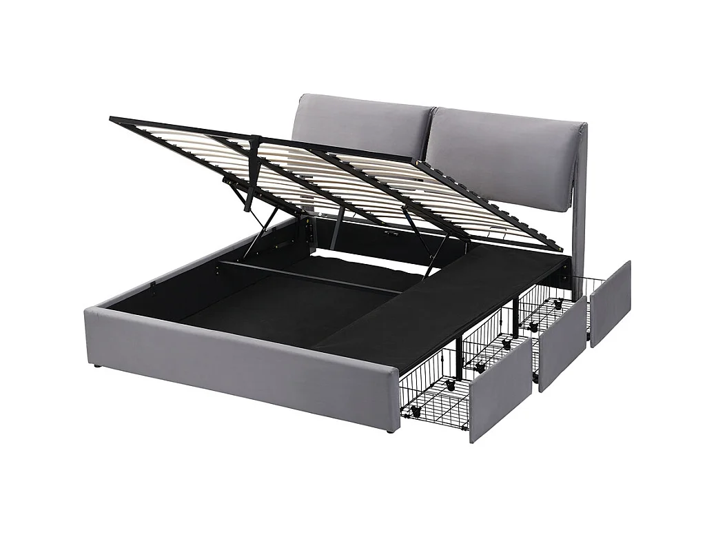 lit rembourré hydraulique lit coffre 160x200 cm lit de rangement lit trois tiroirs lit cadre et tête de lit à lattes velours gris