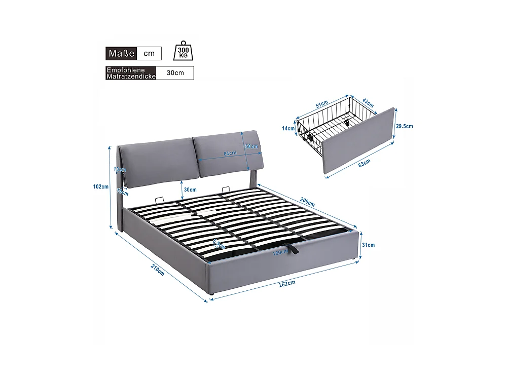lit rembourré hydraulique lit coffre 160x200 cm lit de rangement lit trois tiroirs lit cadre et tête de lit à lattes velours gris