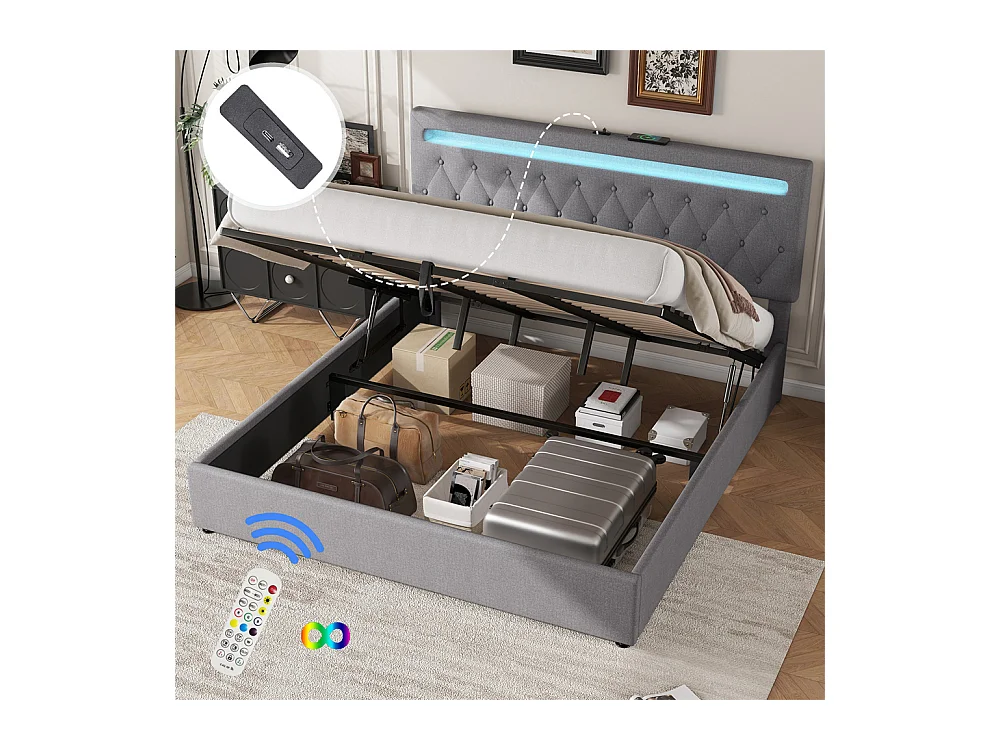 Lit adulte lit 180x200 cm lit rembourré hydraulique avec lumière ambiante lit double lin gris