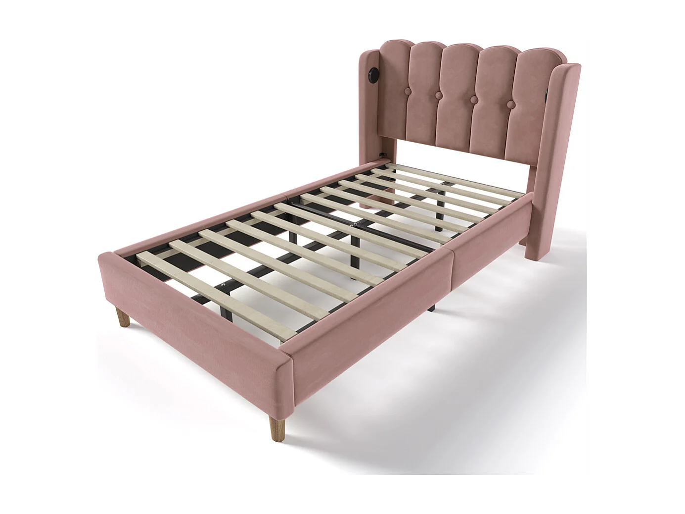 Volwassen bed 90x200 cm gestoffeerd bed met usb type c oplaadfunctie Eenpersoonsbed roze fluweel