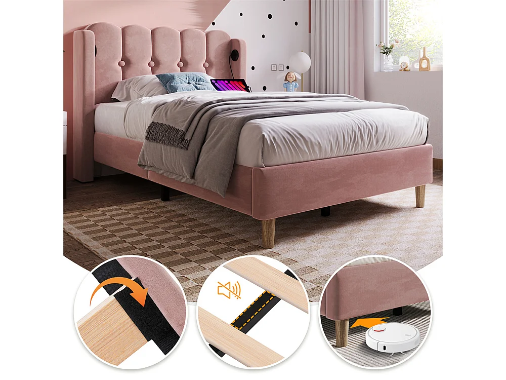 Volwassen bed 90x200 cm gestoffeerd bed met usb type c oplaadfunctie Eenpersoonsbed roze fluweel