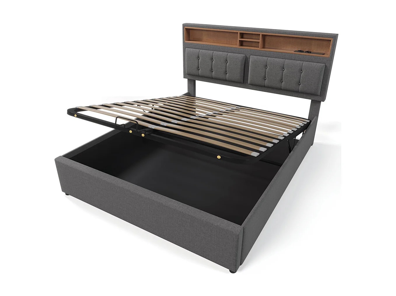 Gestoffeerd tweepersoonsbed 160x200cm, opbergbed, met usb c-aansluiting, oplaadfunctie, hoofdbord, lattenbodem, linnen, grijs