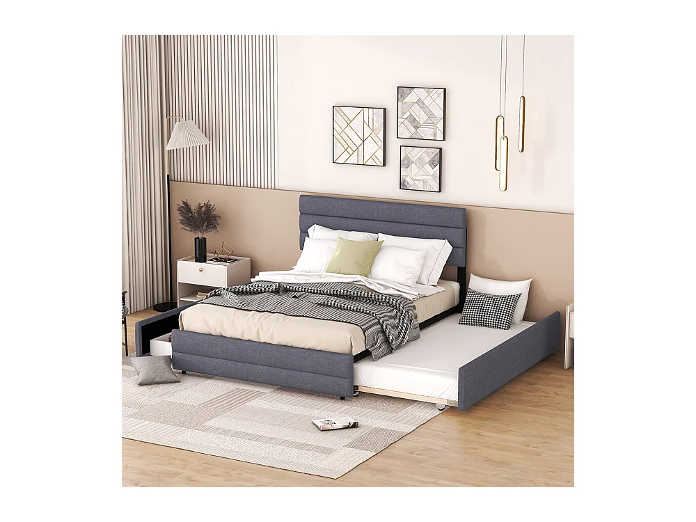 Volwassen bed 140x200 cm met nietmachine en twee lades tweepersoonsbed grijs linnen