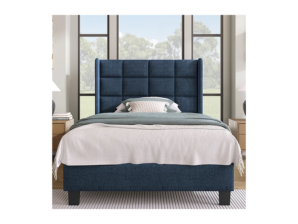 Volwassen bed 90x200 cm bed gestoffeerd bed lattenbodem Eenpersoons blauw linnen