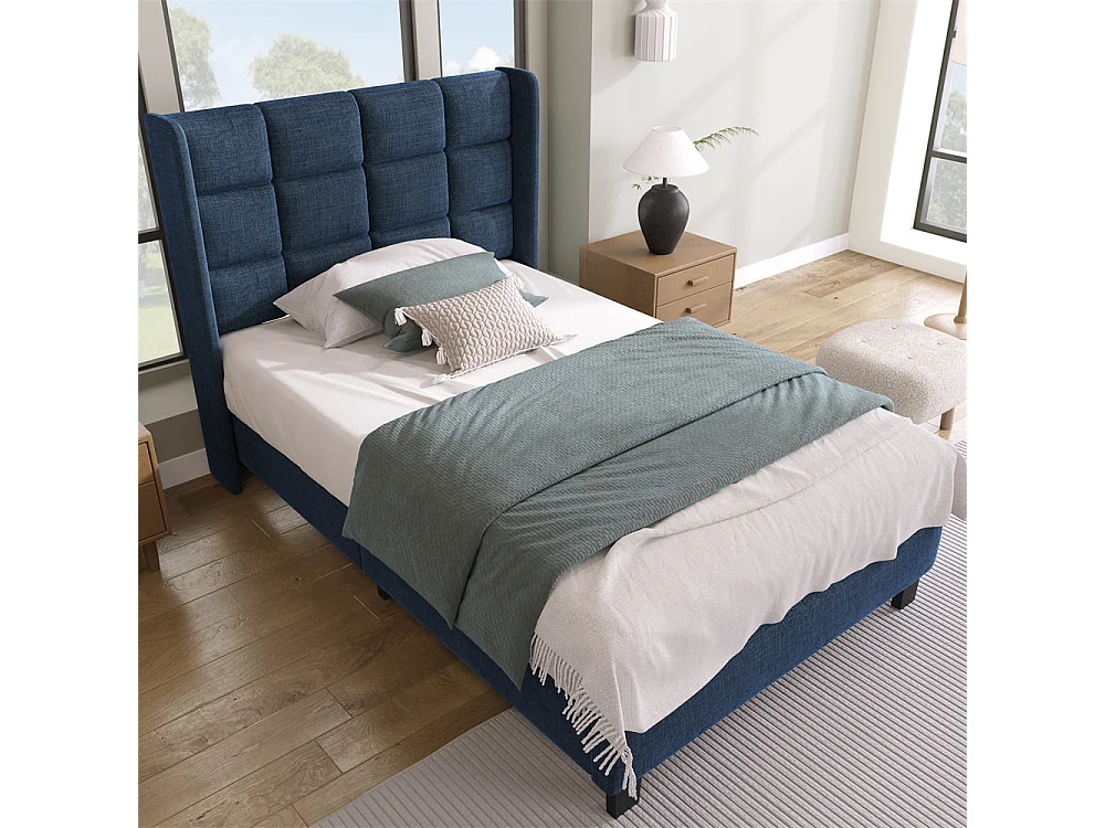 Lit rembourré 140x200cm, led lit double avec sommier à lattes métalliques, lit jeune, lin, beige (sans matelas)