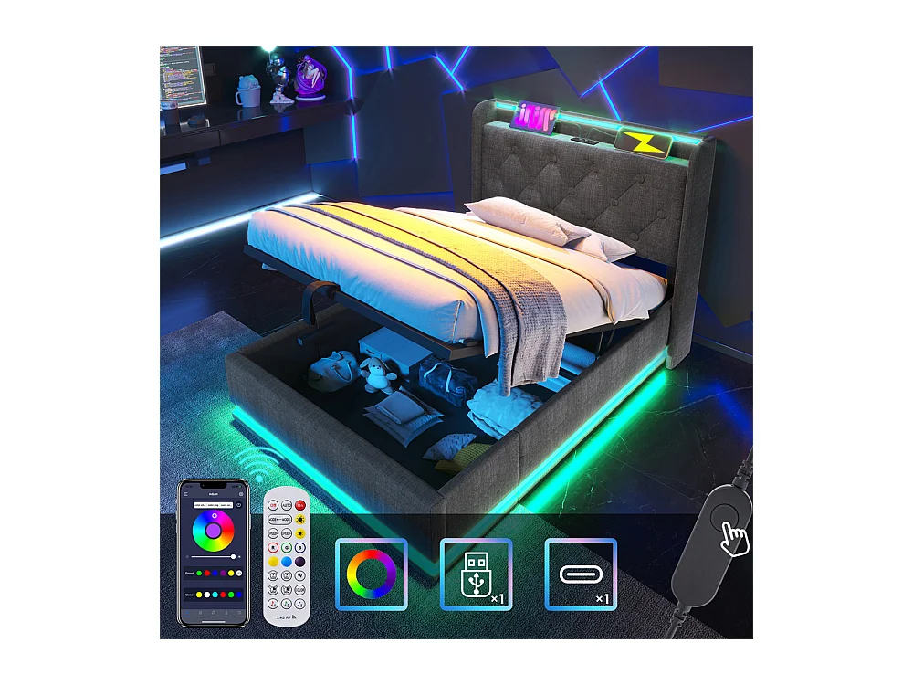 Volwassen bed 90x200 cm bed gestoffeerd hydraulisch bed hoofdsteun gewatteerd bed met usb type-c oplaadfunctie Eenpersoons linnen grijs