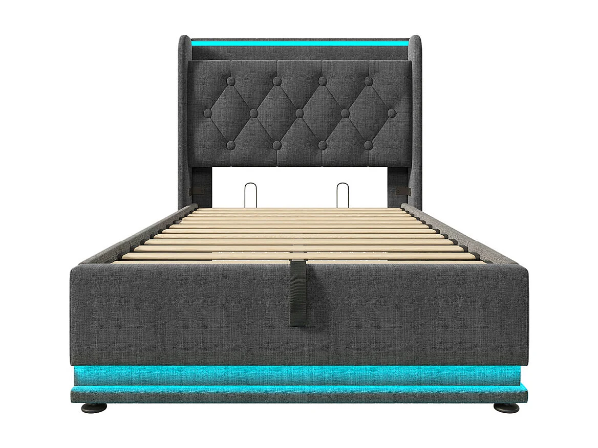 Volwassen bed 90x200 cm bed gestoffeerd hydraulisch bed hoofdsteun gewatteerd bed met usb type-c oplaadfunctie Eenpersoons linnen grijs